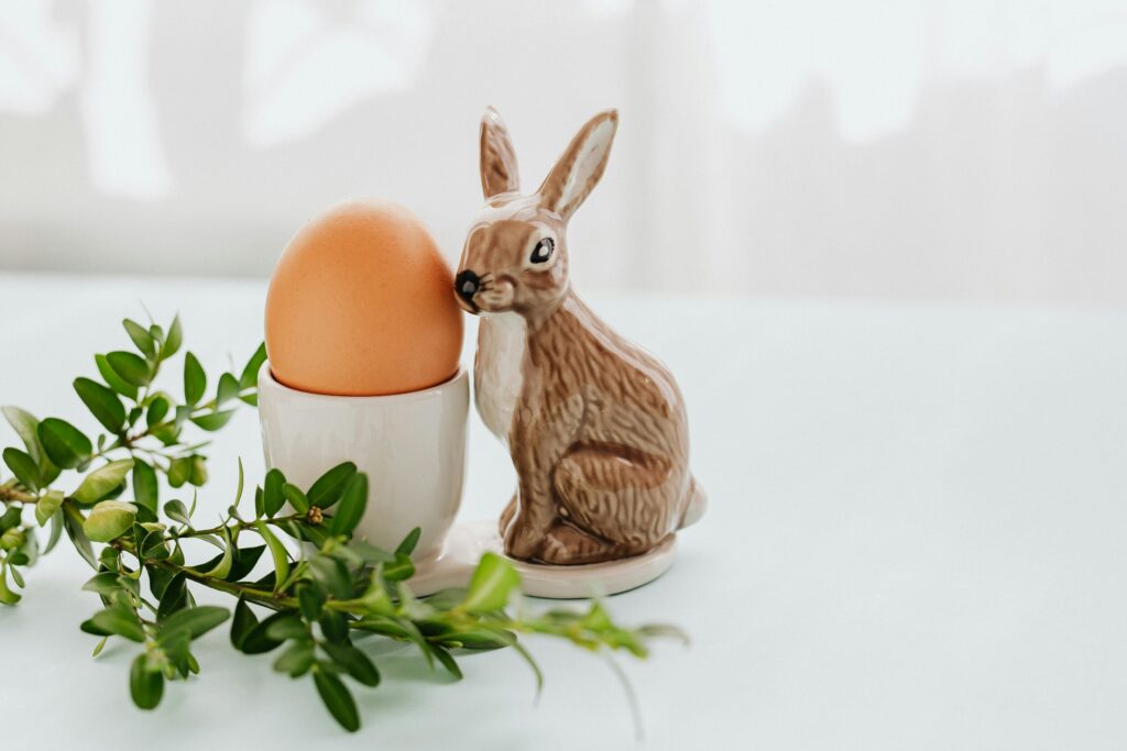 spring decor of egg and ceramic rabbit